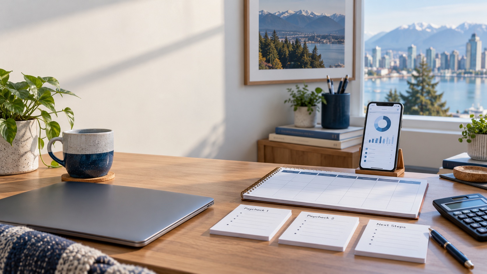 A desk with a calendar, planning cards and a phone displaying an abstract budget dashboard.
